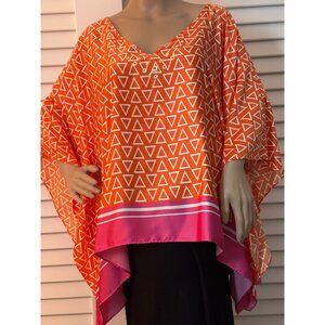 Orange & Pink Geometric Triangle Patterned Poncho Top With Gold Stud Accents